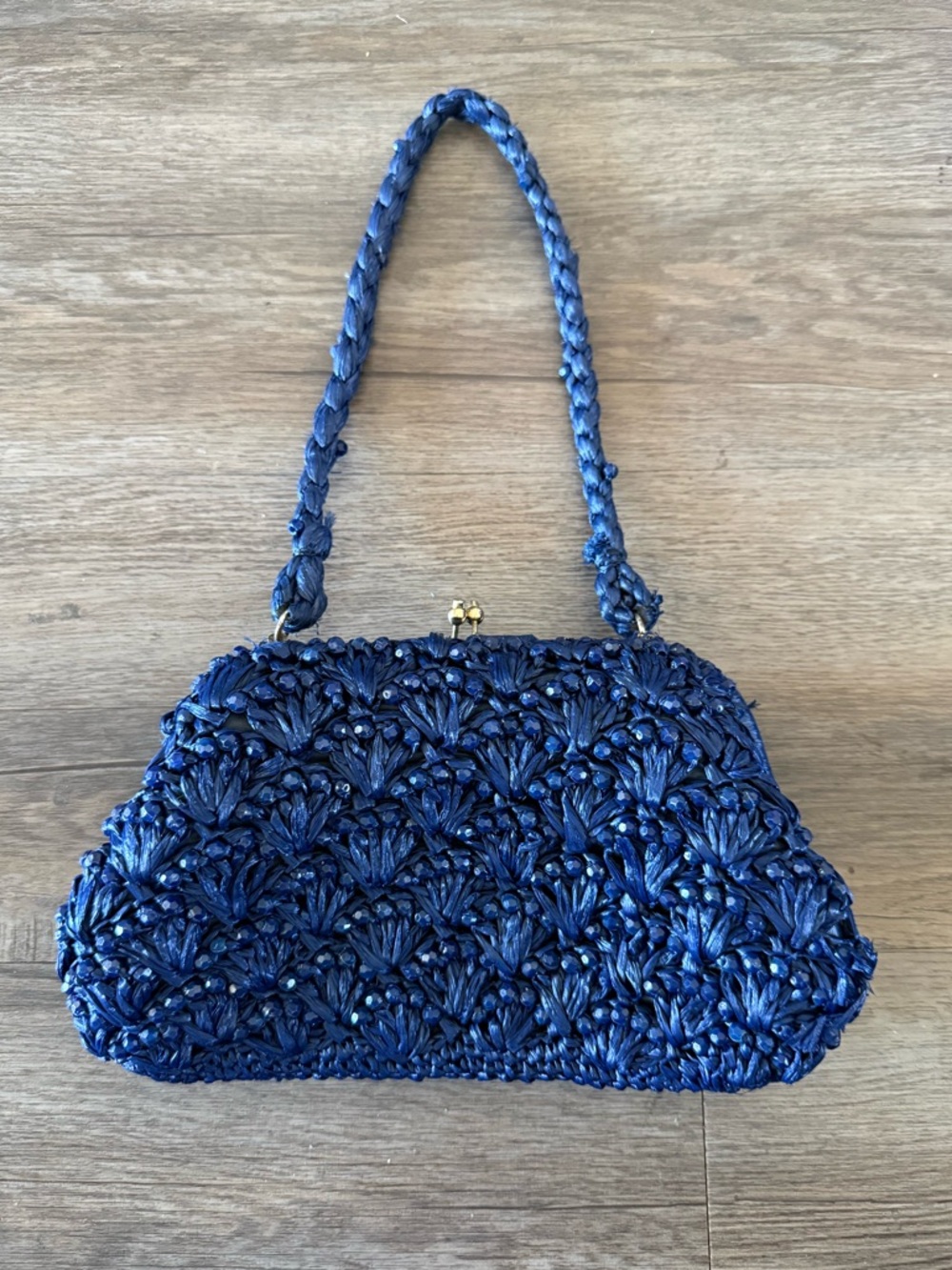 1950/1960’s Vintage navy blue raffia Takahashi handbag.